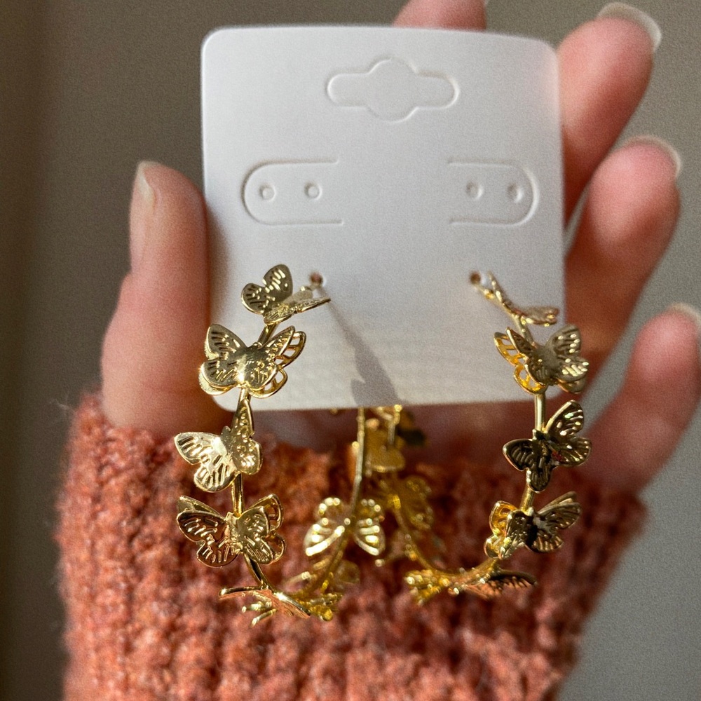14k Gold Plated Butterfly Hoops - Picture 4 of 4